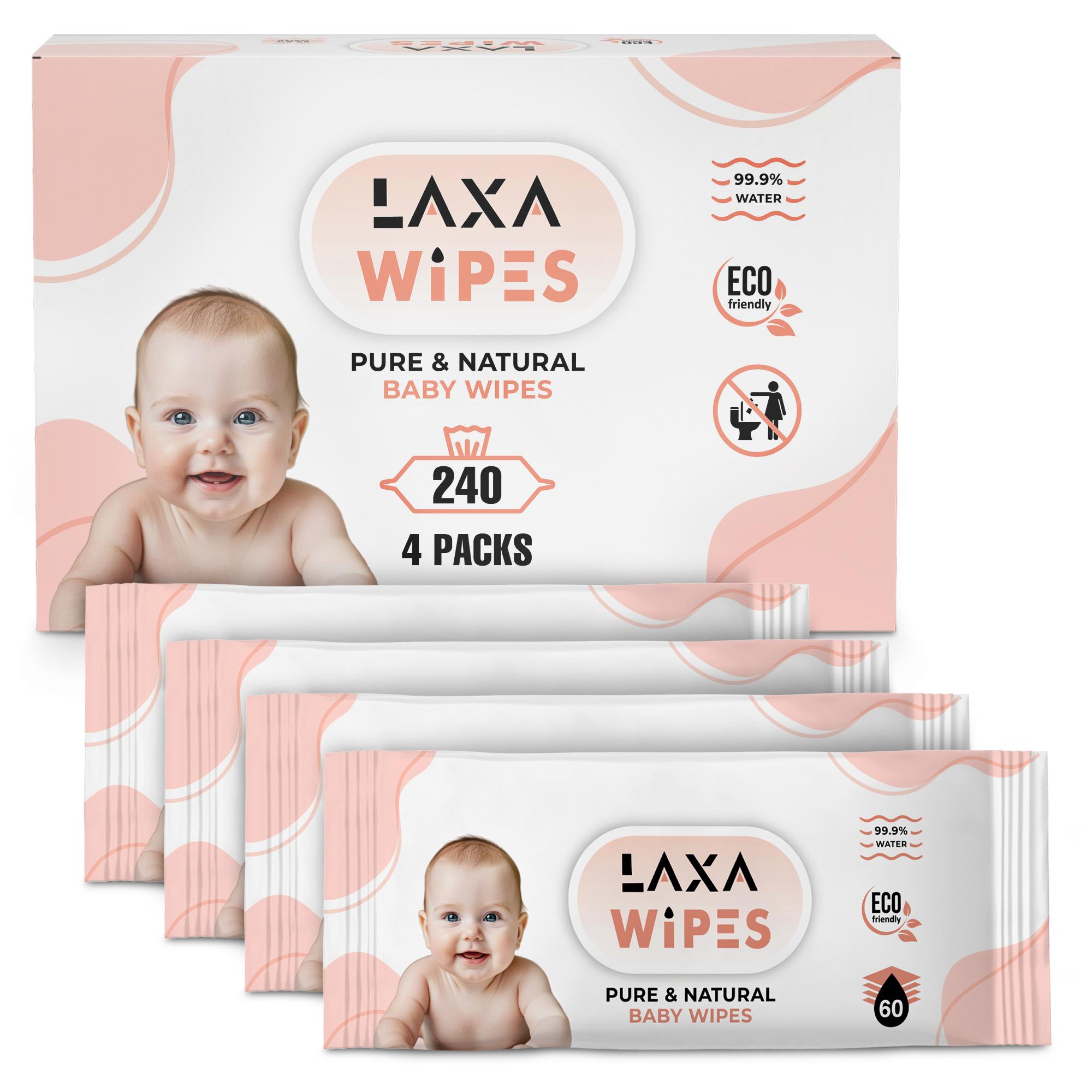 LaxaWipes 99% Water Based Baby Wipes - Hypoallergenic & Fragrance Free for Sensitive Skin, 240 Count (4 Packs of 60)